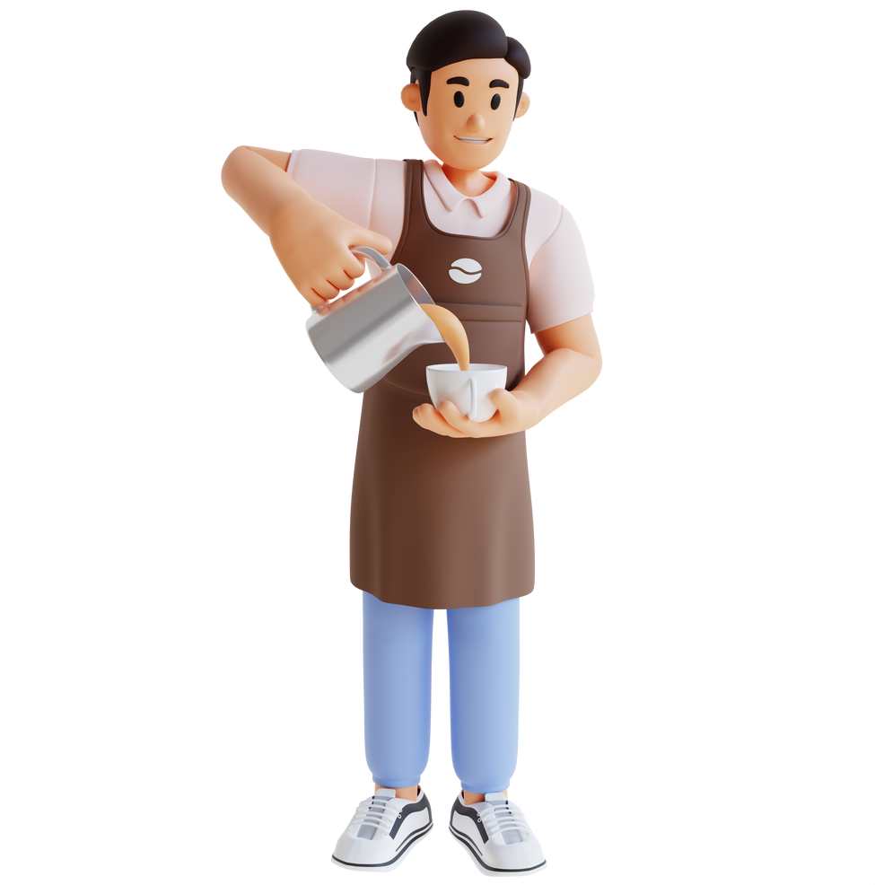 male barista pouring coffee 3d character illustration